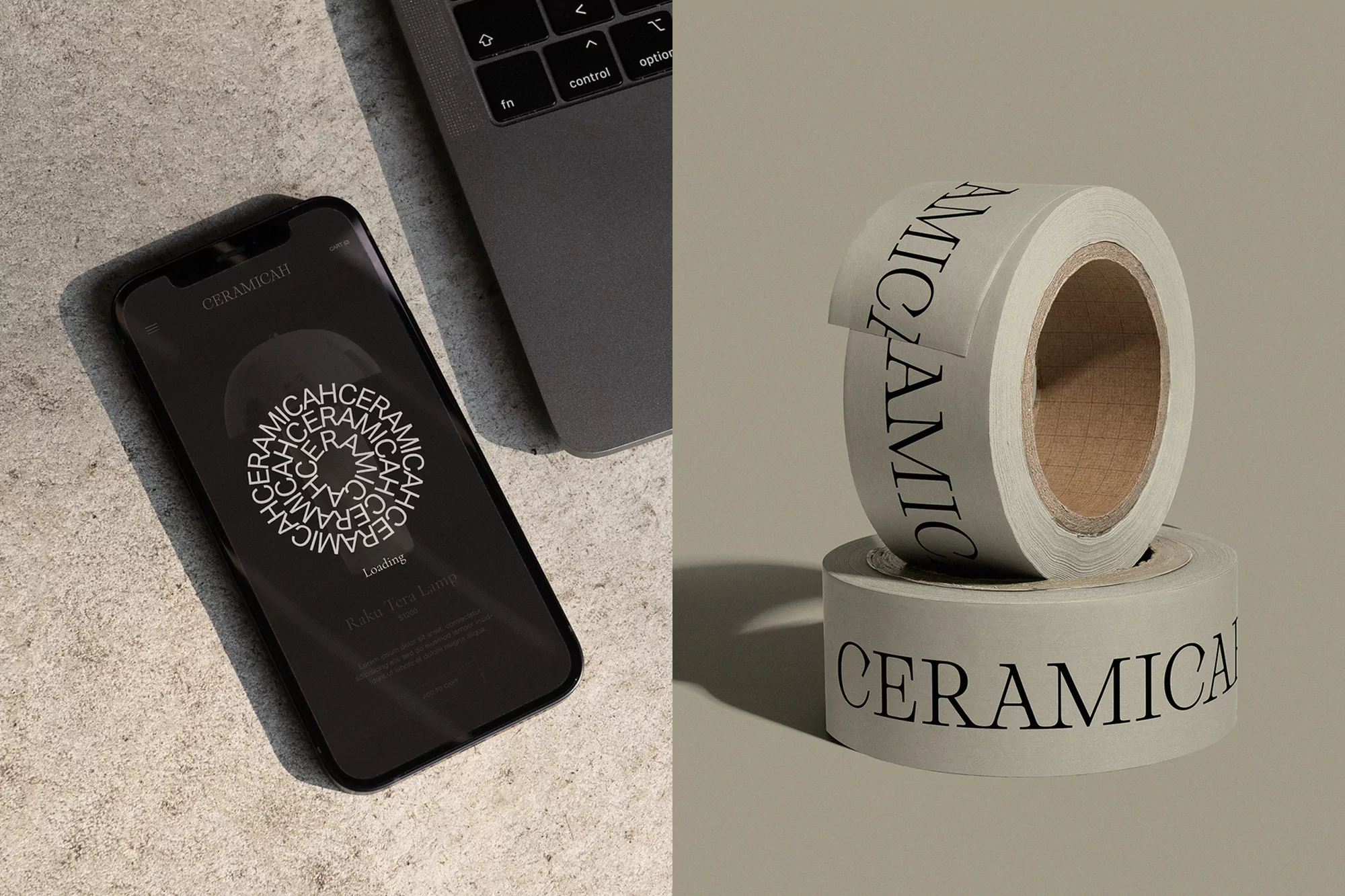 Close-up of a smartphone displaying a loading screen, a laptop, and rolls of tape with the word 'CERAMICA' printed on them.