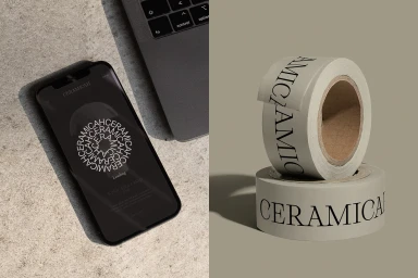Ceramicah brand identity showcase featuring a smartphone displaying a loading screen and two stacked rolls of custom printed branded tape.