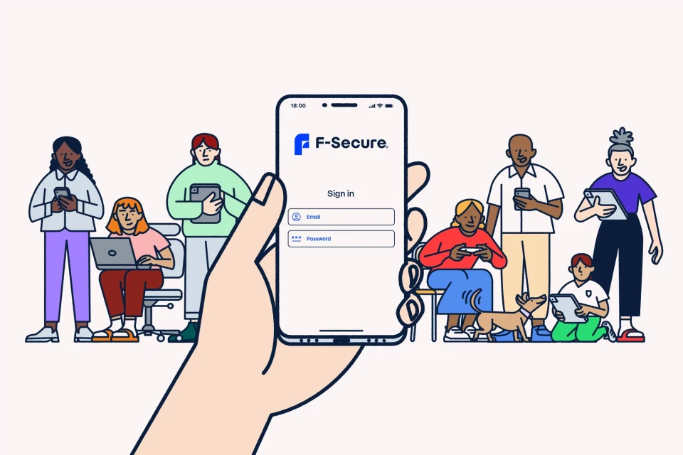 Digital illustration of a smartphone with a login screen and diverse people using devices in the background, against a light backdrop.