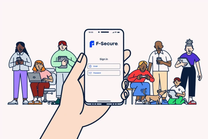 Digital illustration of a smartphone with a login screen and diverse people using devices in the background, against a light backdrop.