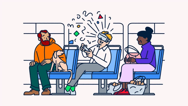 Illustration of three individuals on a public transit bus. One uses VR with floating shapes, dog with person, and female with bag of eggs.