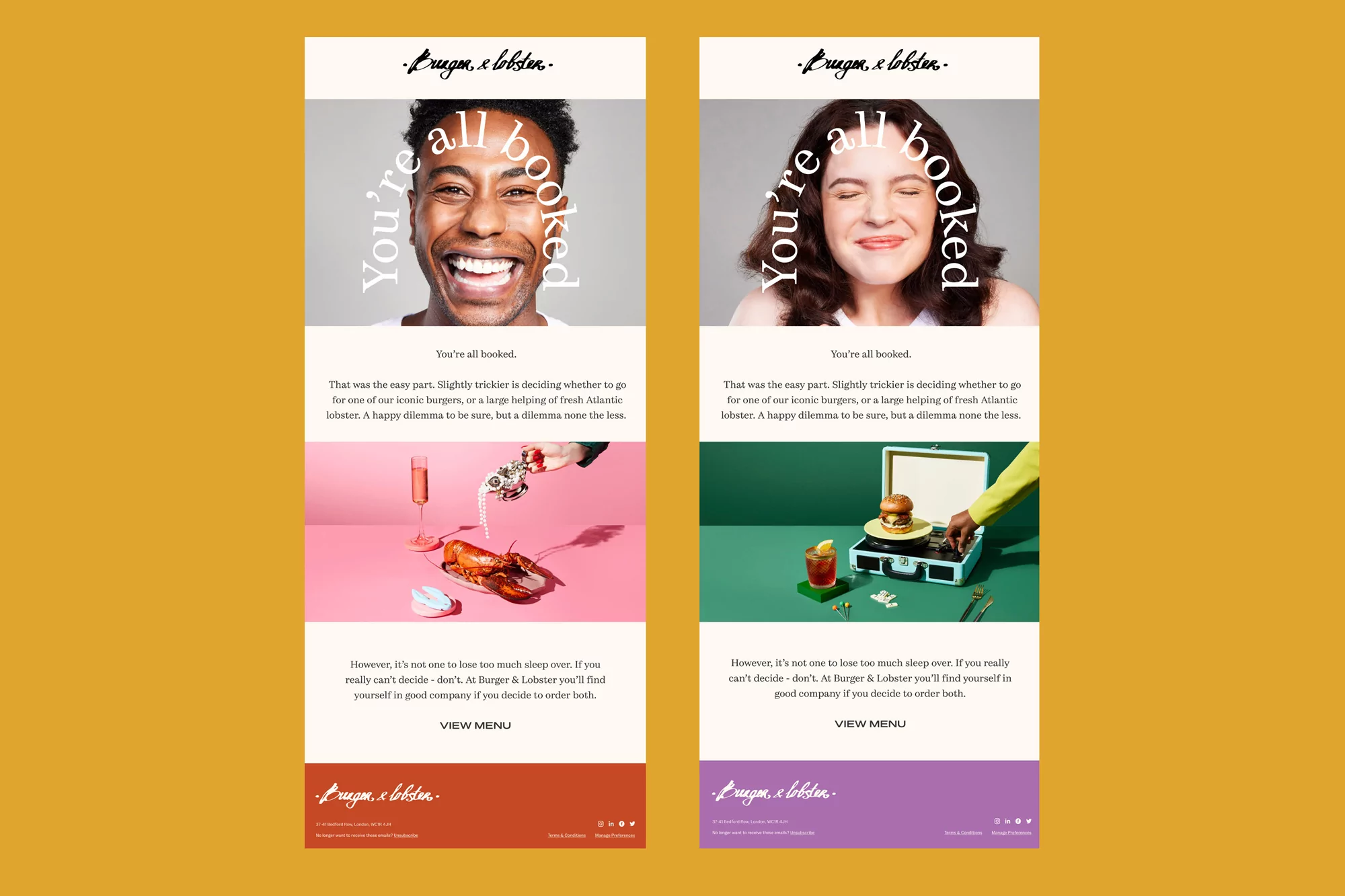 Burger & Lobster ad featuring two panels, each with a close-up portrait, text overlay, and food imagery on a pink and green background.