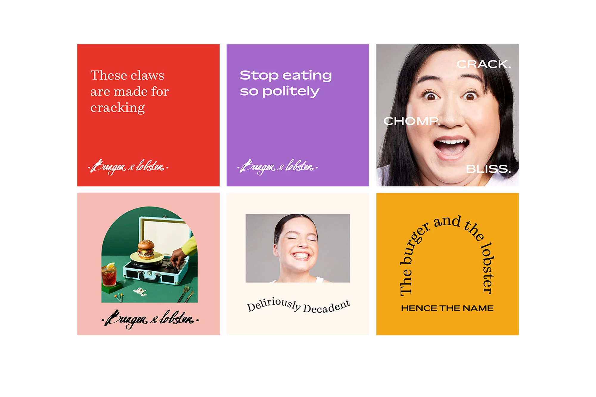 Collage of six promotional images for Burger and Lobster restaurant; the panels feature text, happy people, and a hamburger on a record player.