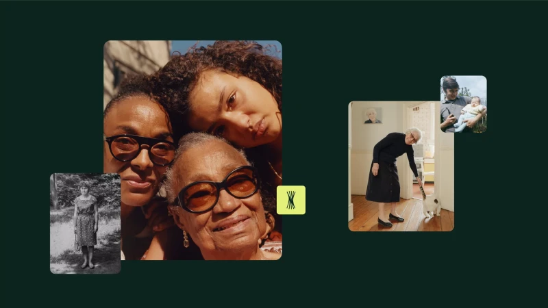 Collage featuring portraits of women of diverse ages and generations in a warm, indoor light, set against a dark green background.