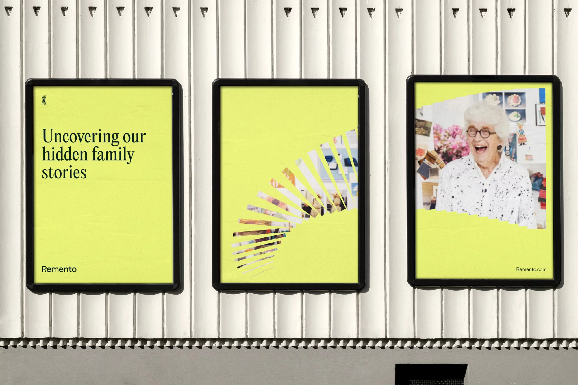Three posters hang side by side on a textured white wall, each with a black frame and bright yellow background, one with an elderly woman.