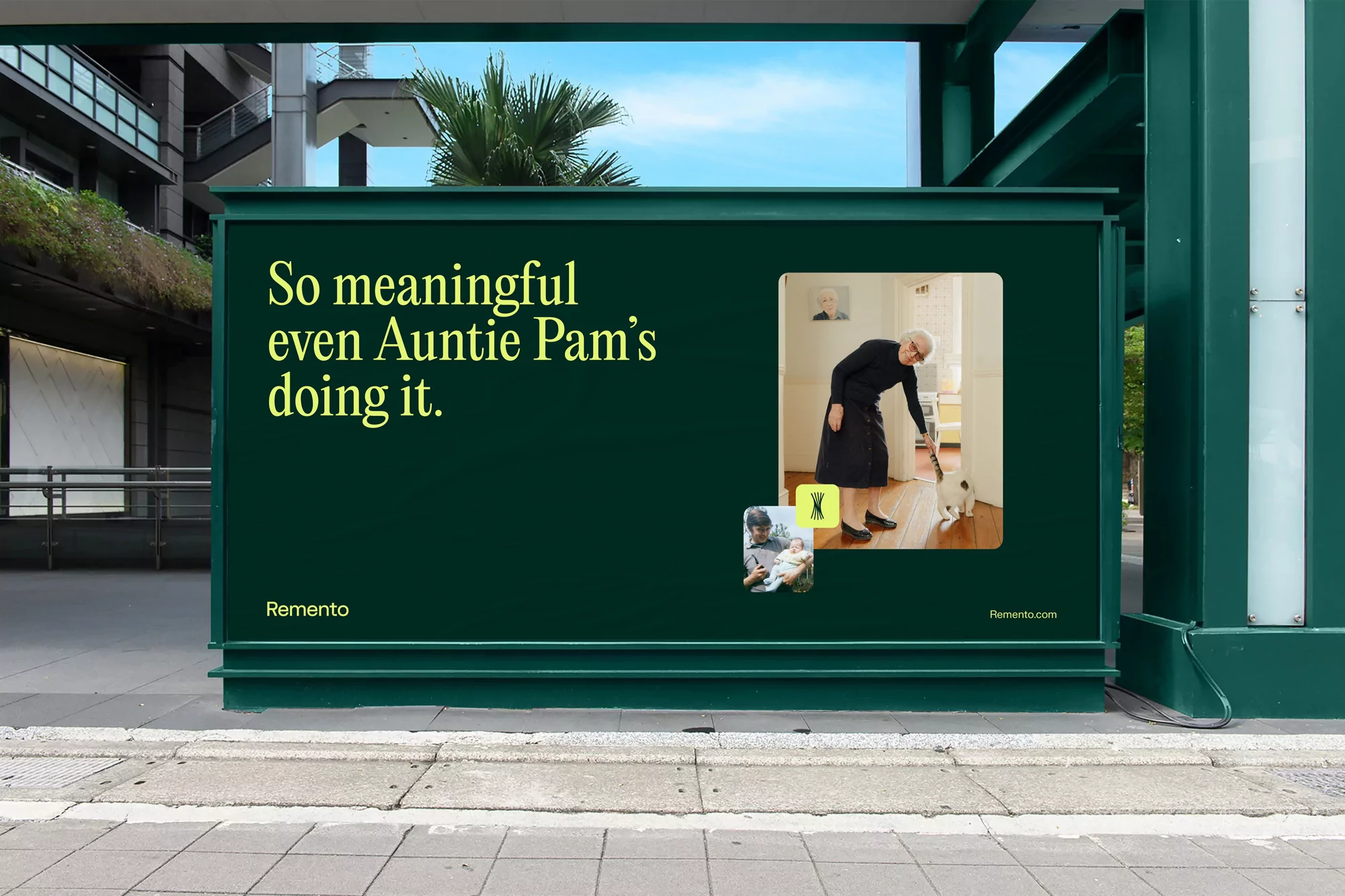 Outdoor advertising billboard features an elderly woman indoors petting a dog, with the text, 'So meaningful even Auntie Pam's doing it.'