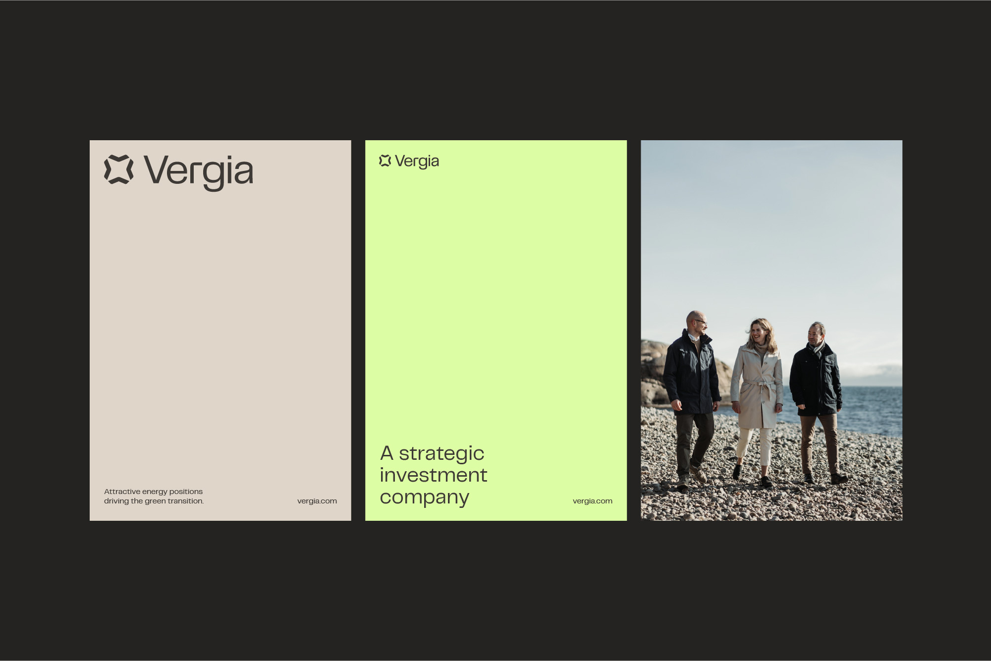 Vergia advertisement featuring three people walking on a rocky beach alongside promotional text and logo on a green and tan background.
