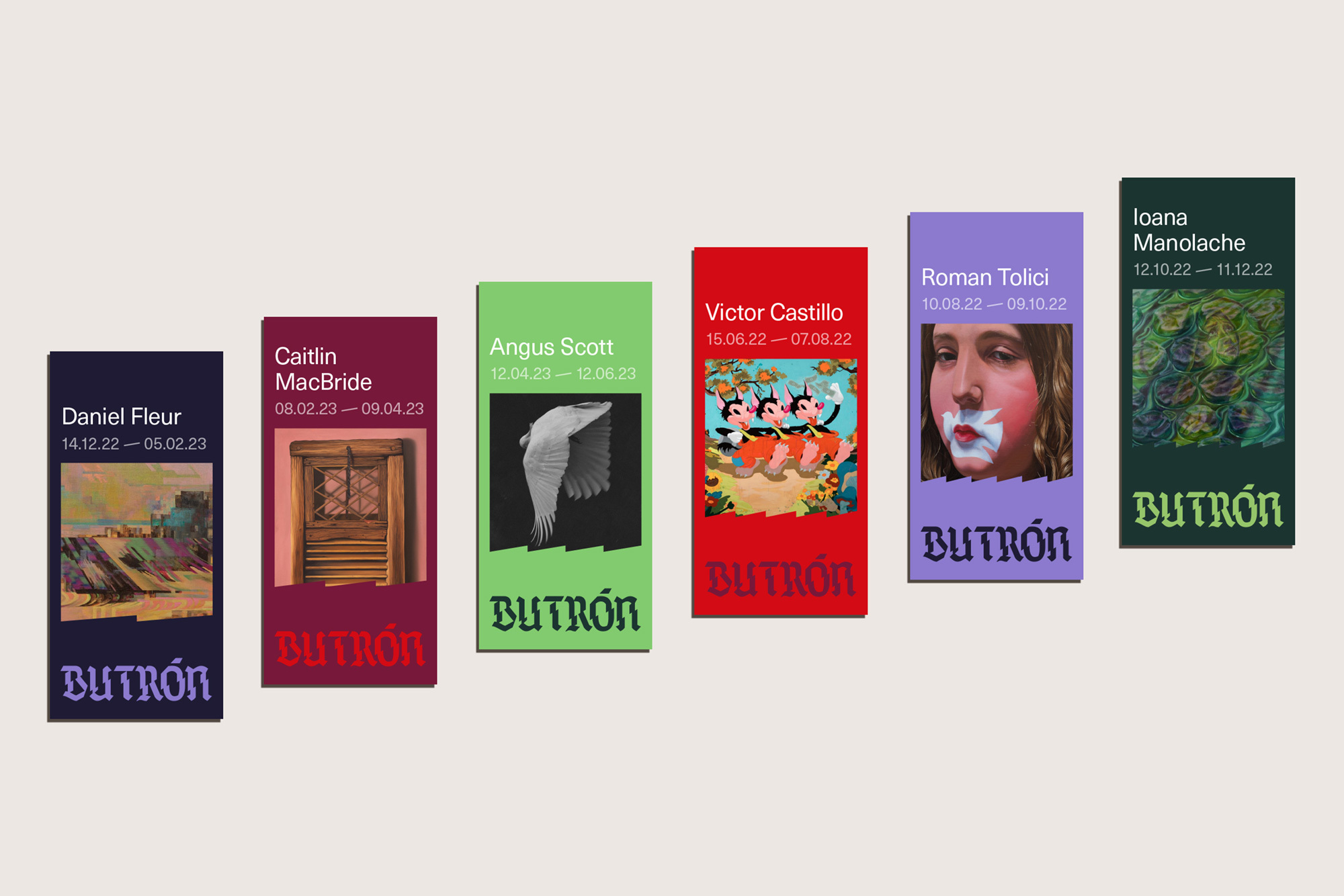 Promotional image displays six colorful posters for the Butrón art gallery featuring paintings, illustrations, and names of artists and dates.