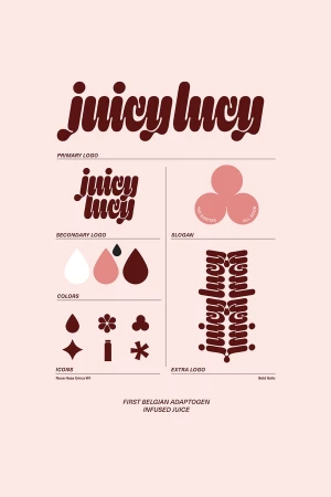 Graphic design showcasing the Juicy Lucy logo with variations including primary, secondary, slogan, colors, icons, and extra logo.