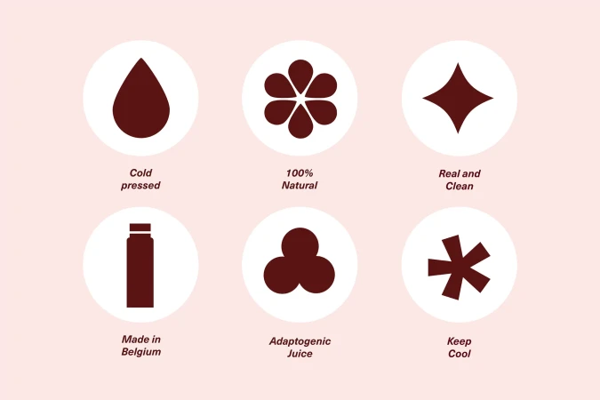 Brown icon set of juice bottle, flower, drop, and shapes, on light pink background. Symbols represent natural juice features.