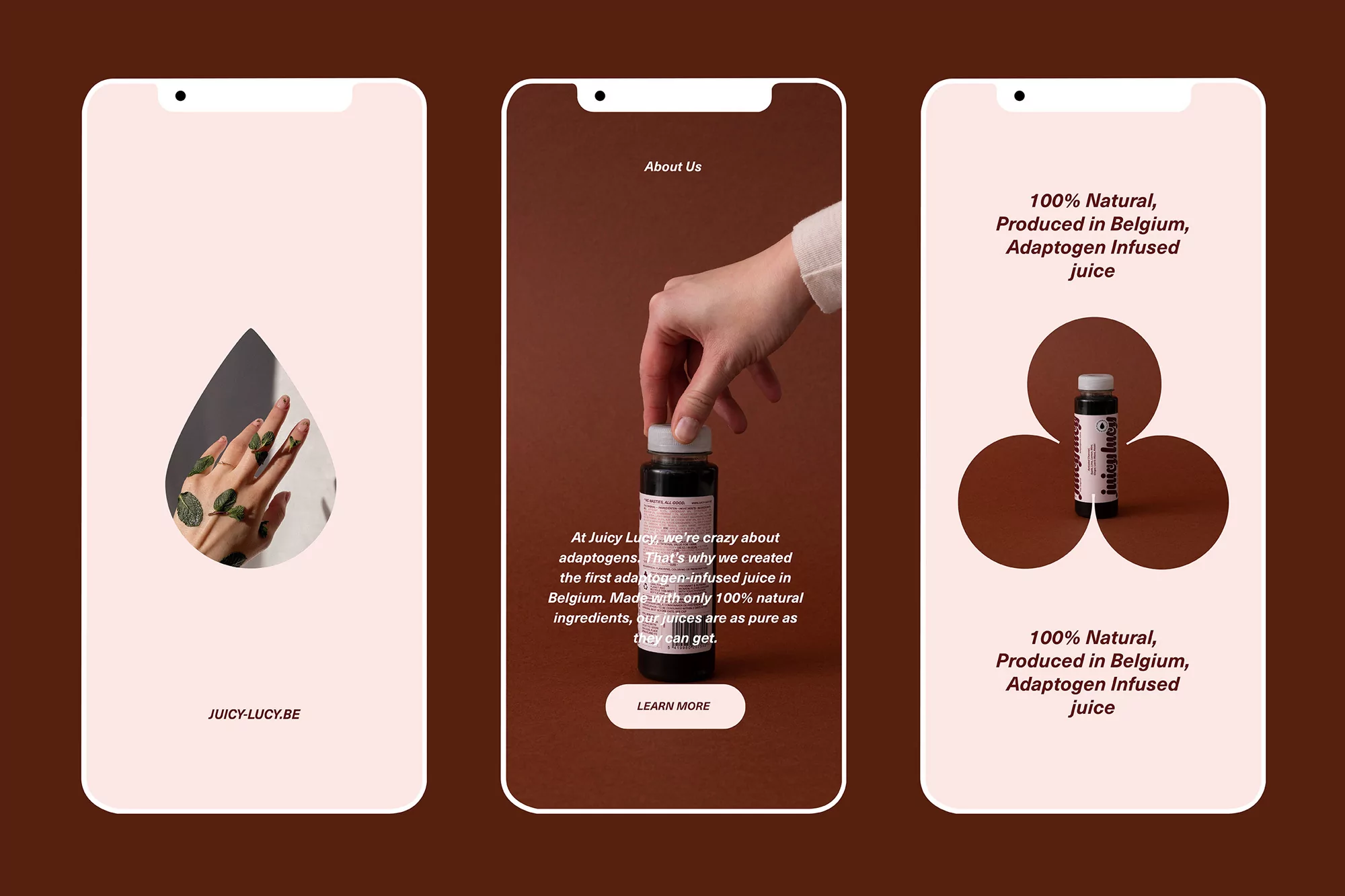 Three phone screens display natural juice product website with hands, juice bottle, text, and minimalist design elements.