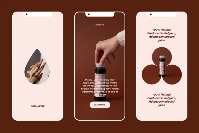 Three phone screens display natural juice product website with hands, juice bottle, text, and minimalist design elements.