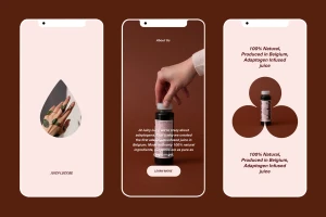 Three mobile screen mockups displaying UI design and product photography for Juicy Lucy brand identity