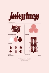 Juicy Lucy brand identity guidelines showcasing logo variants, color palette, and iconography on a pale pink background