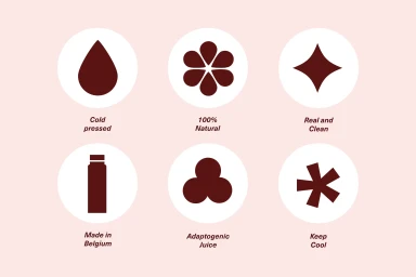Graphic brand identity icons for Juicy Lucy showing product attributes in dark brown on white circles with pale pink background.