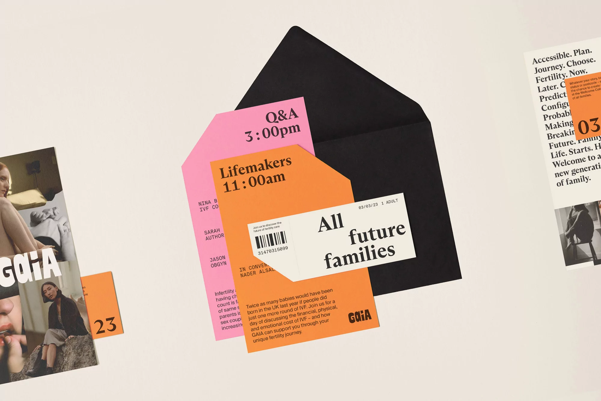 Brand event invitations with an opened black envelope, colorful cards, and promotional materials on a white background.