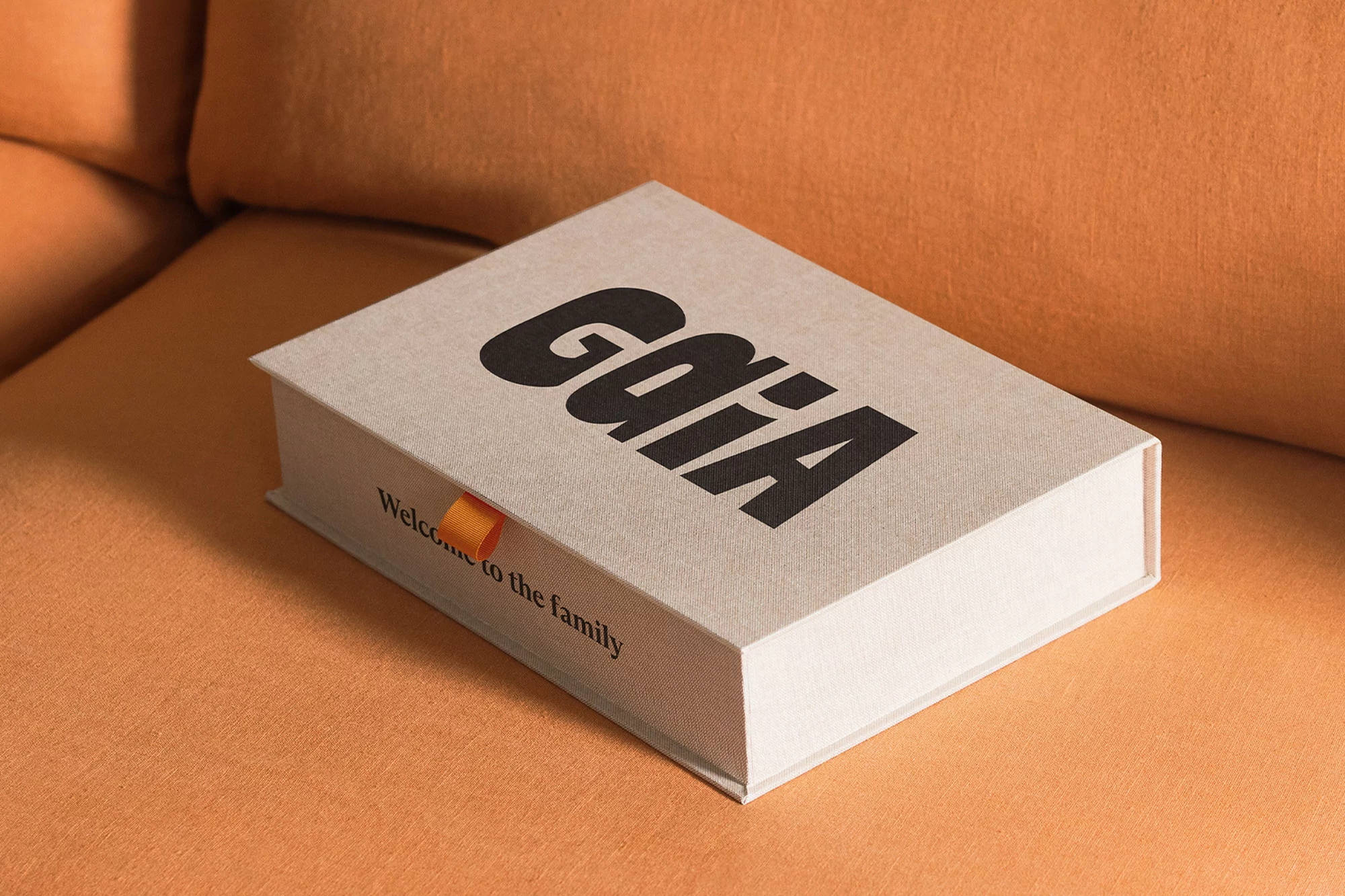 Close-up on a rectangular box with the bold text 'GOIA' on top, set against an orange fabric background, with a subtle ribbon pull.