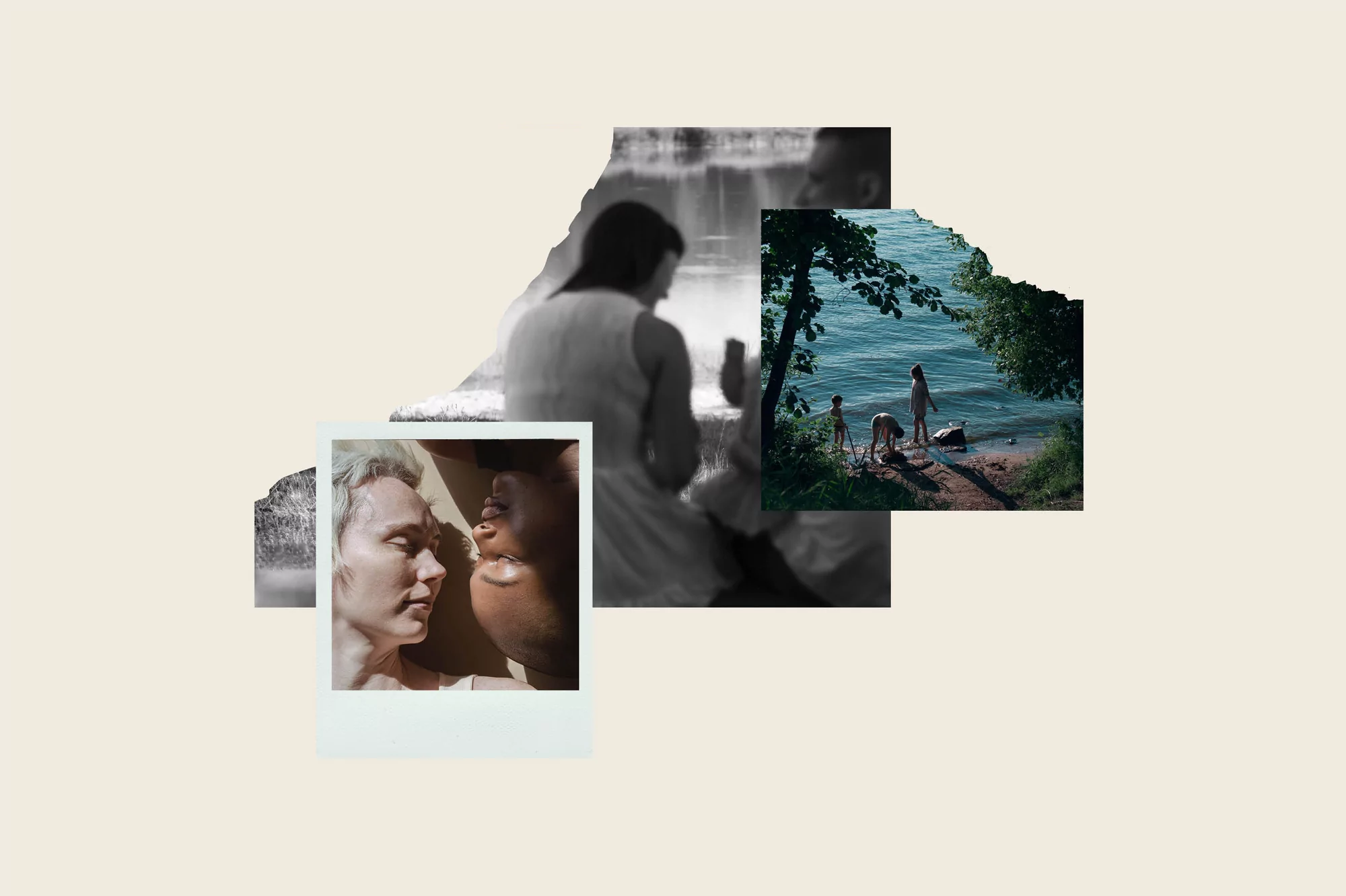 Art collage of diverse people and outdoor scenes, featuring children playing by a lake and close-up portraits in neutral tones.