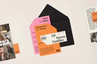 Graphic design brand identity collateral for Gaia featuring pink and orange cards, a black envelope, and printed typography.