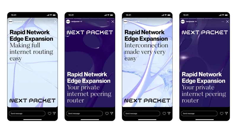 Mobile devices display a promotional advertisement for Next Packet, featuring a minimalist design with bold text and abstract graphic elements.