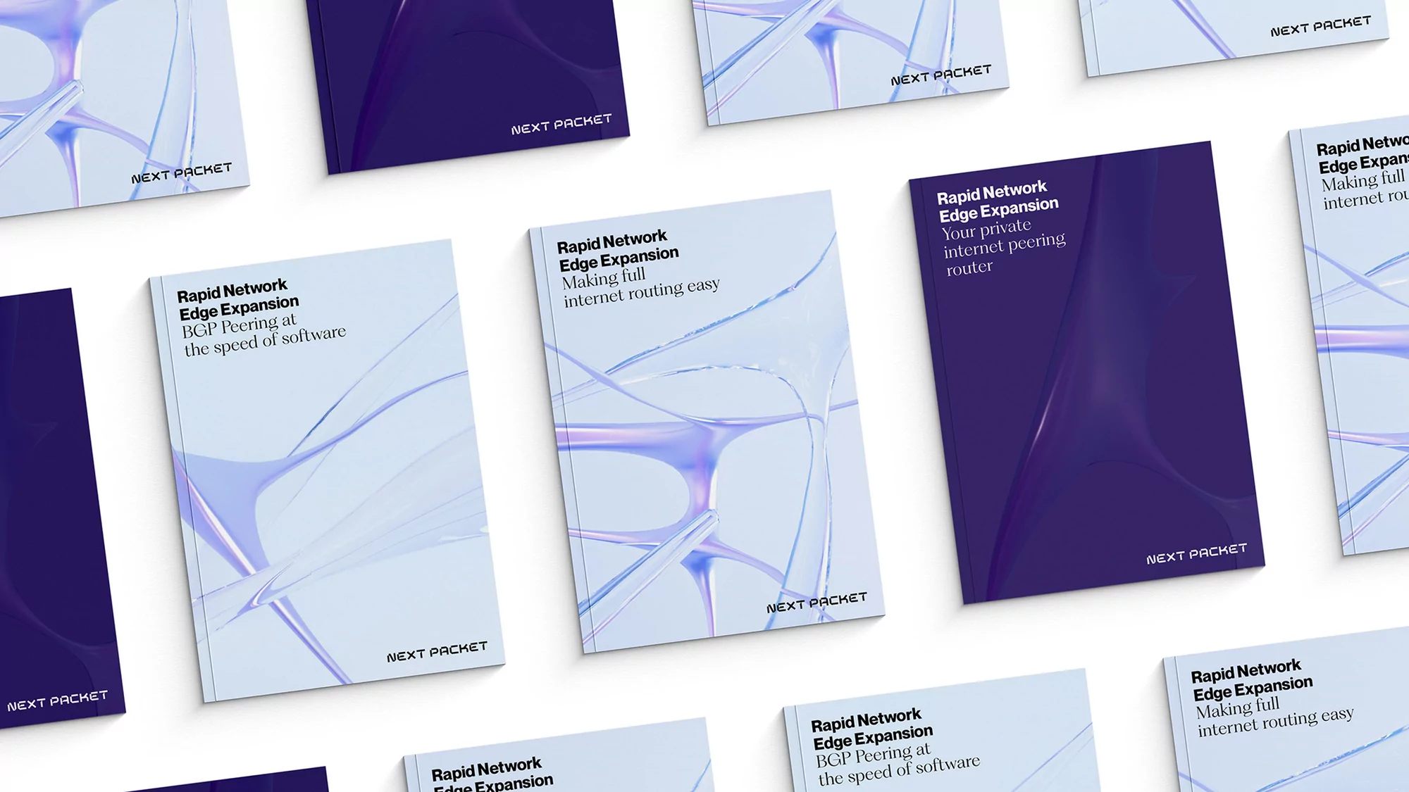 Several copies of a Next Packet product brochure are arranged on a white surface, some with white covers and some dark purple.