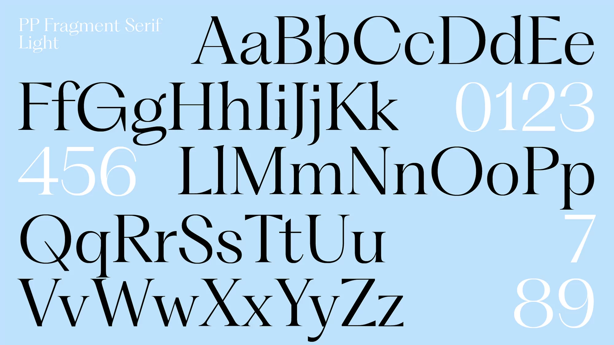 Font specimen featuring upper and lowercase letters, numbers, and symbols in serif typeface, set against a light blue background.