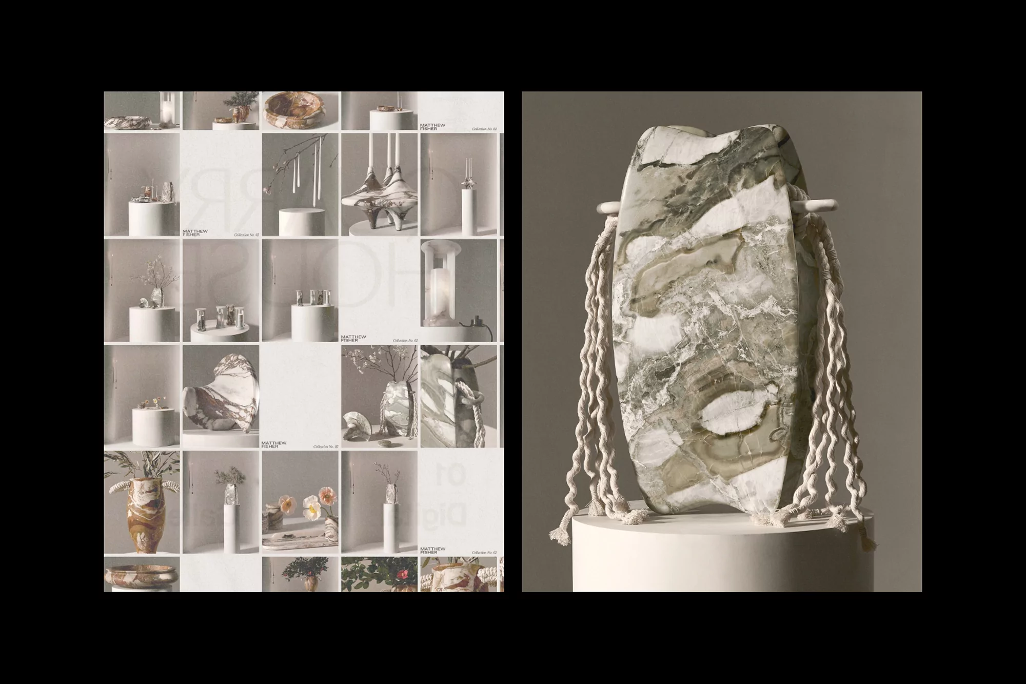 Two product displays featuring decorative art objects, including a marble sculpture and a grid of minimalist product arrangements.