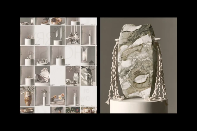 Two product displays featuring decorative art objects, including a marble sculpture and a grid of minimalist product arrangements.