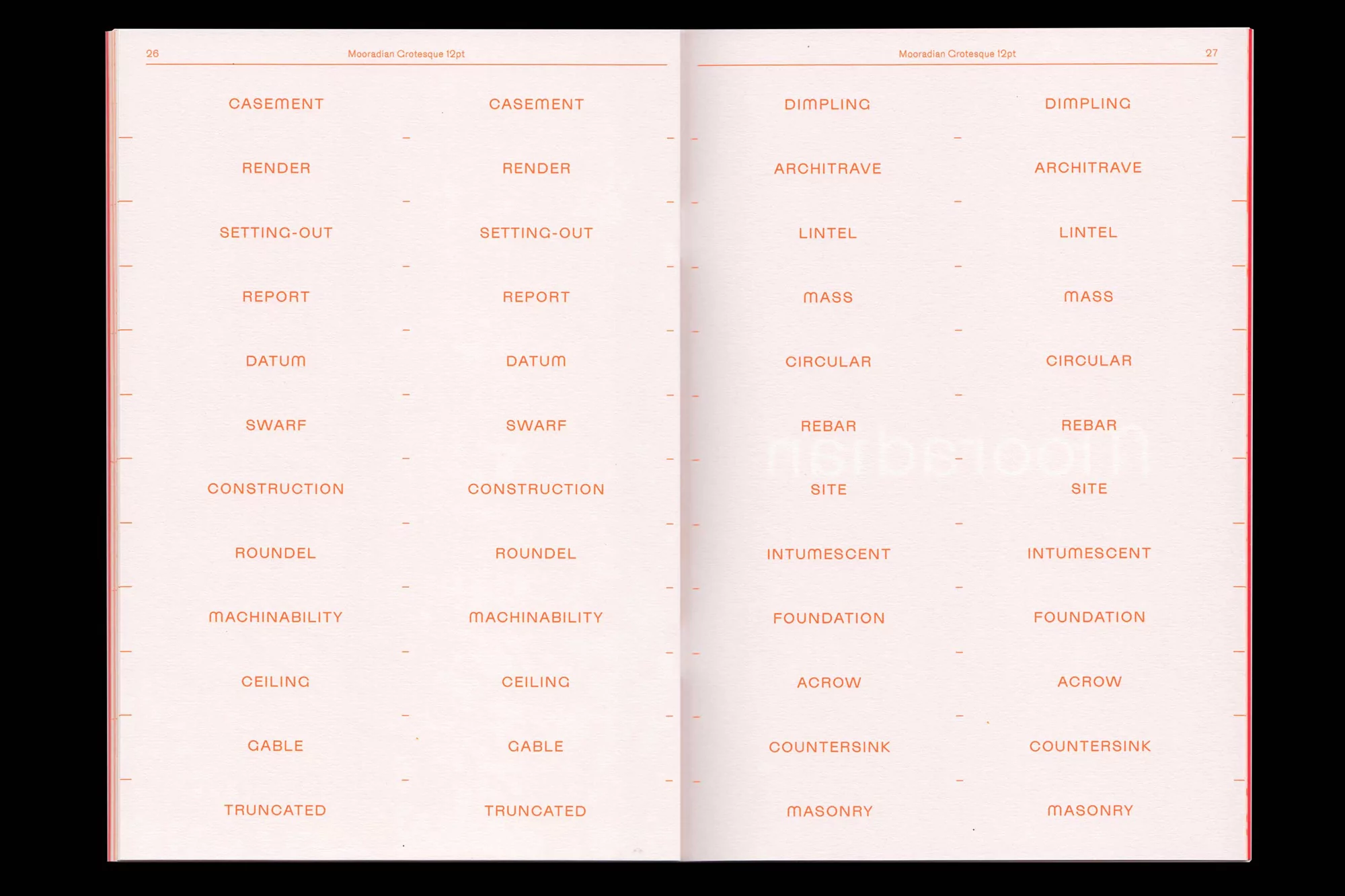 Open book displays architectural and construction terms in an organized layout, set against a light orange backdrop. Text is evenly spaced.