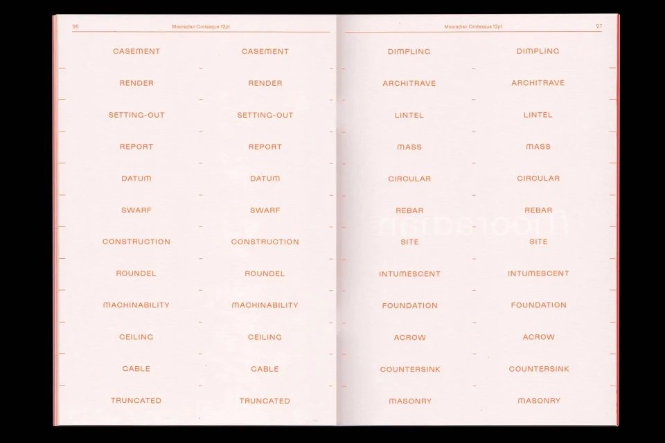 Open book displays architectural and construction terms in an organized layout, set against a light orange backdrop. Text is evenly spaced.