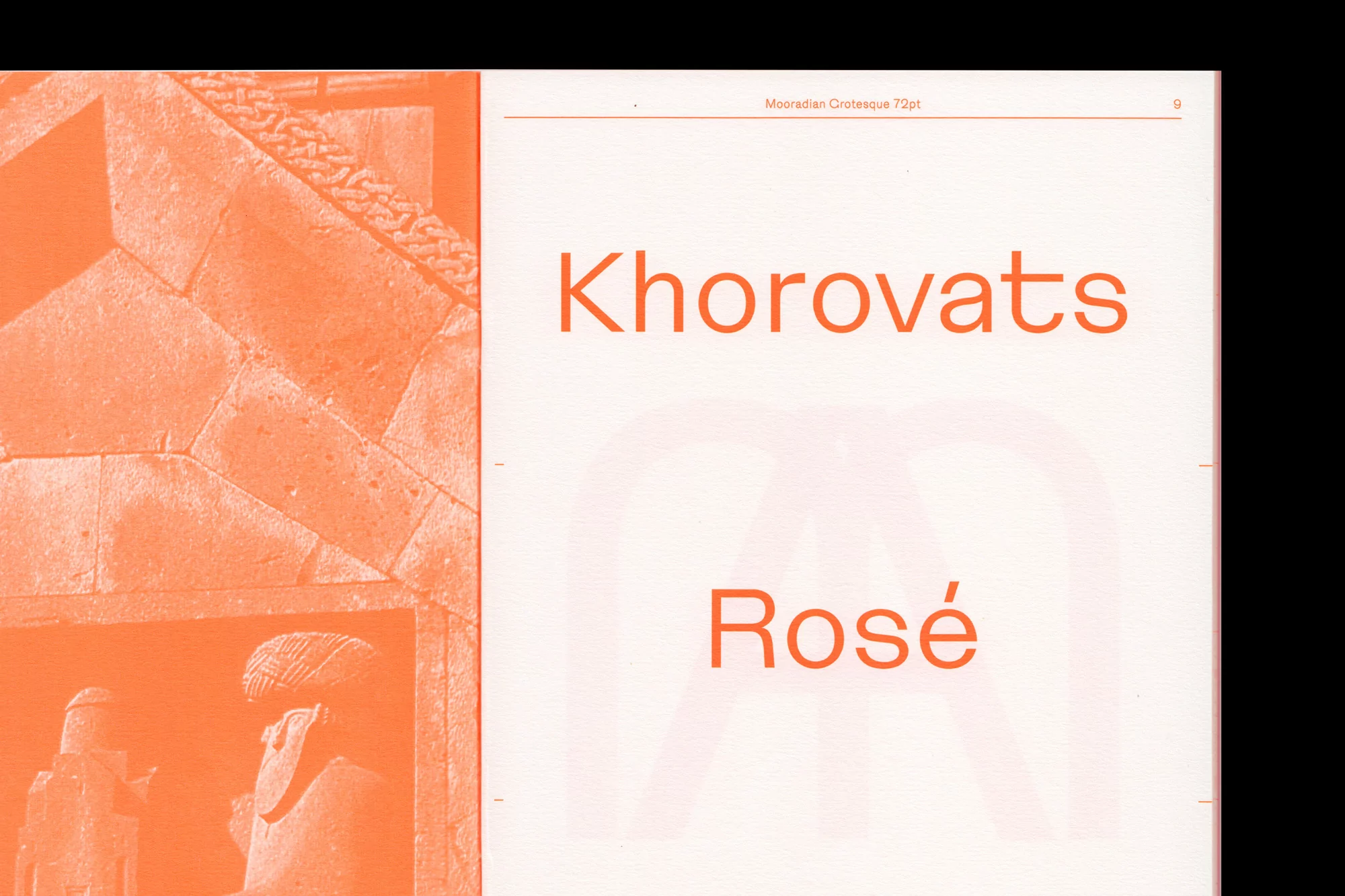 Page layout of a typography book featuring orange serif text 'Khorovats' and 'Rosé' with an image of architectural design in orange.