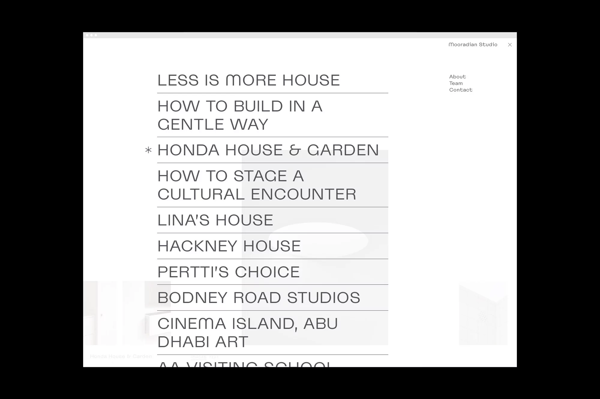 Website design showcasing text-based menu options for 'Less is More House,' 'Honda House & Garden,' and Mooradian Studio contact information.