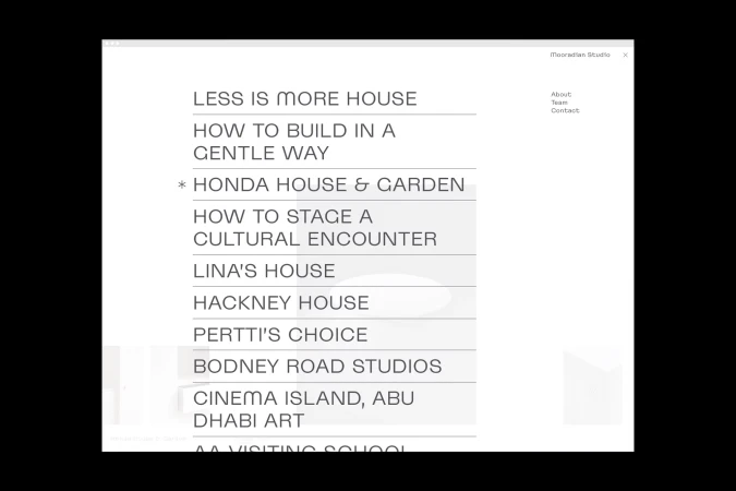Website design showcasing text-based menu options for 'Less is More House,' 'Honda House & Garden,' and Mooradian Studio contact information.