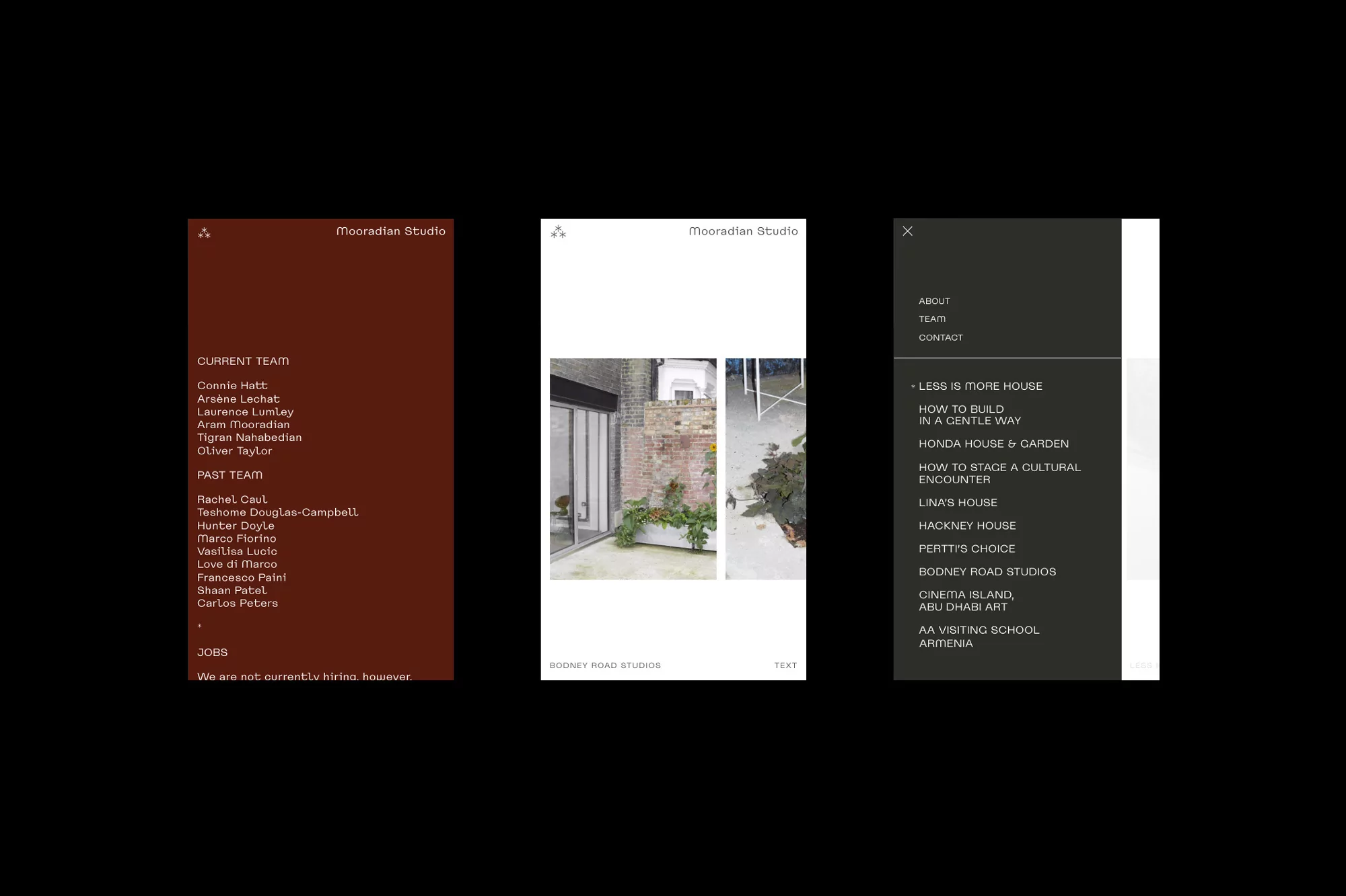 Mooradian Studio website displayed on three screens showcasing team, projects, and contact information with a clean, minimalist design.
