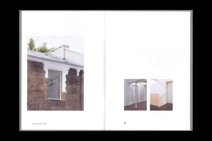 Architectural photography showcases a brick exterior with a window, contrasted by an interior view with white walls and a ladder.