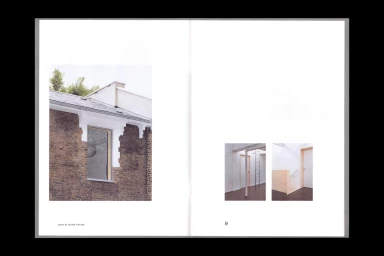 Spread from a publication showing architectural photographs of brick exterior and minimalist white interior details.