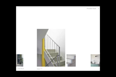 Website interface featuring architectural photography thumbnails showcasing interior stairs, kitchen, and window details.