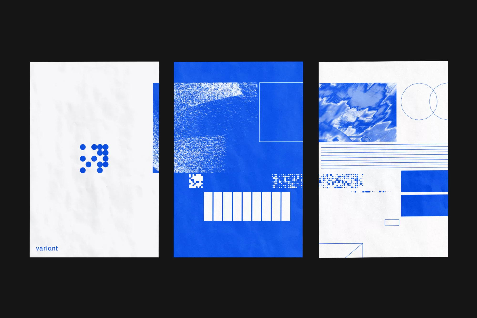 Three posters featuring geometric designs in blue and white, creating a modern and minimalist graphic art display on a dark background.