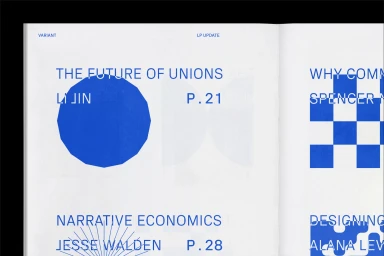 Printed publication layout with blue typography and geometric graphic shapes on a white paper background