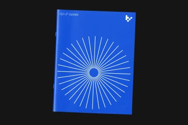Blue report cover featuring a white sunburst graphic design and text against a dark background