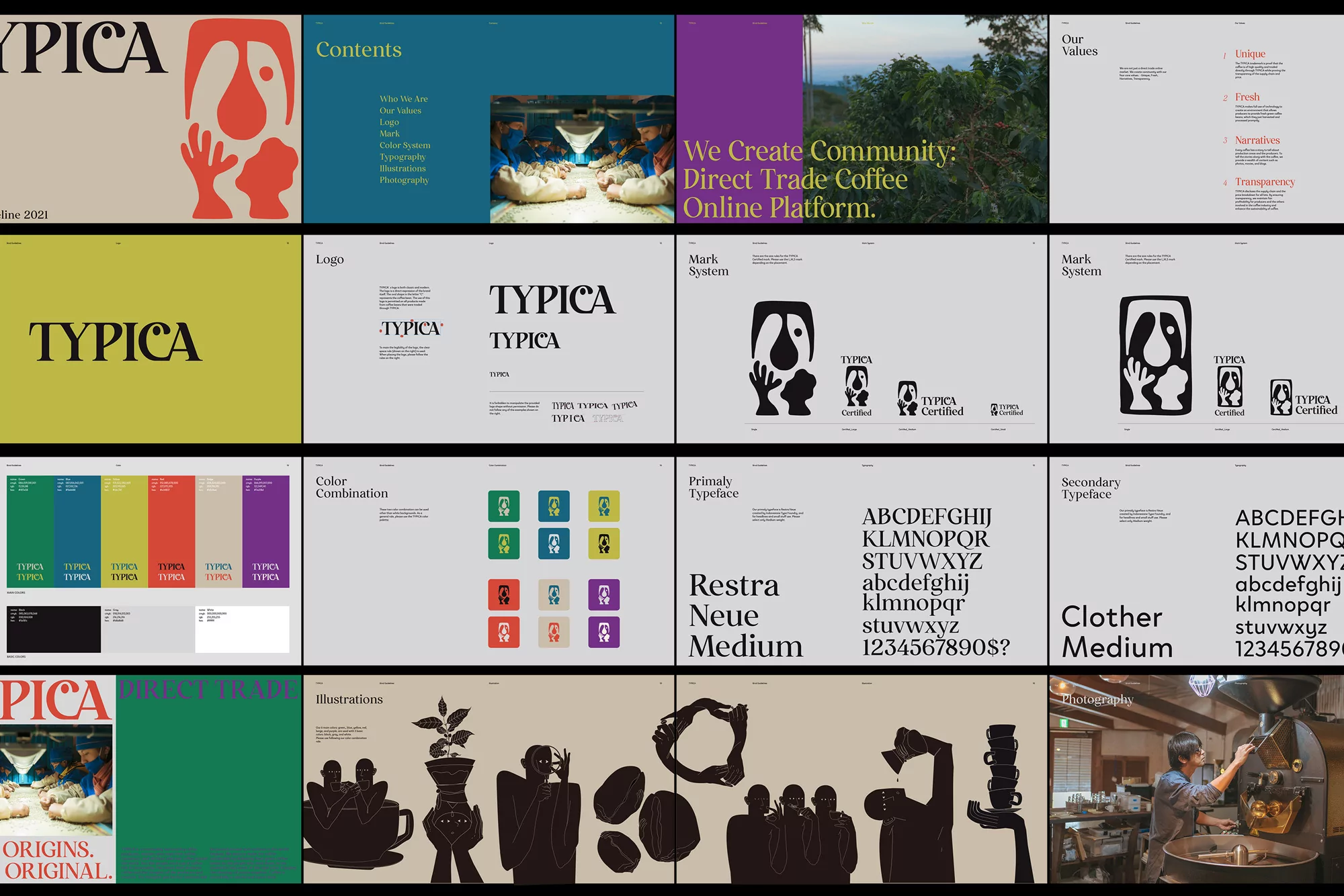 Collage of Typica branding elements showcases logo variations, color palettes, typography, and images related to coffee production and community.