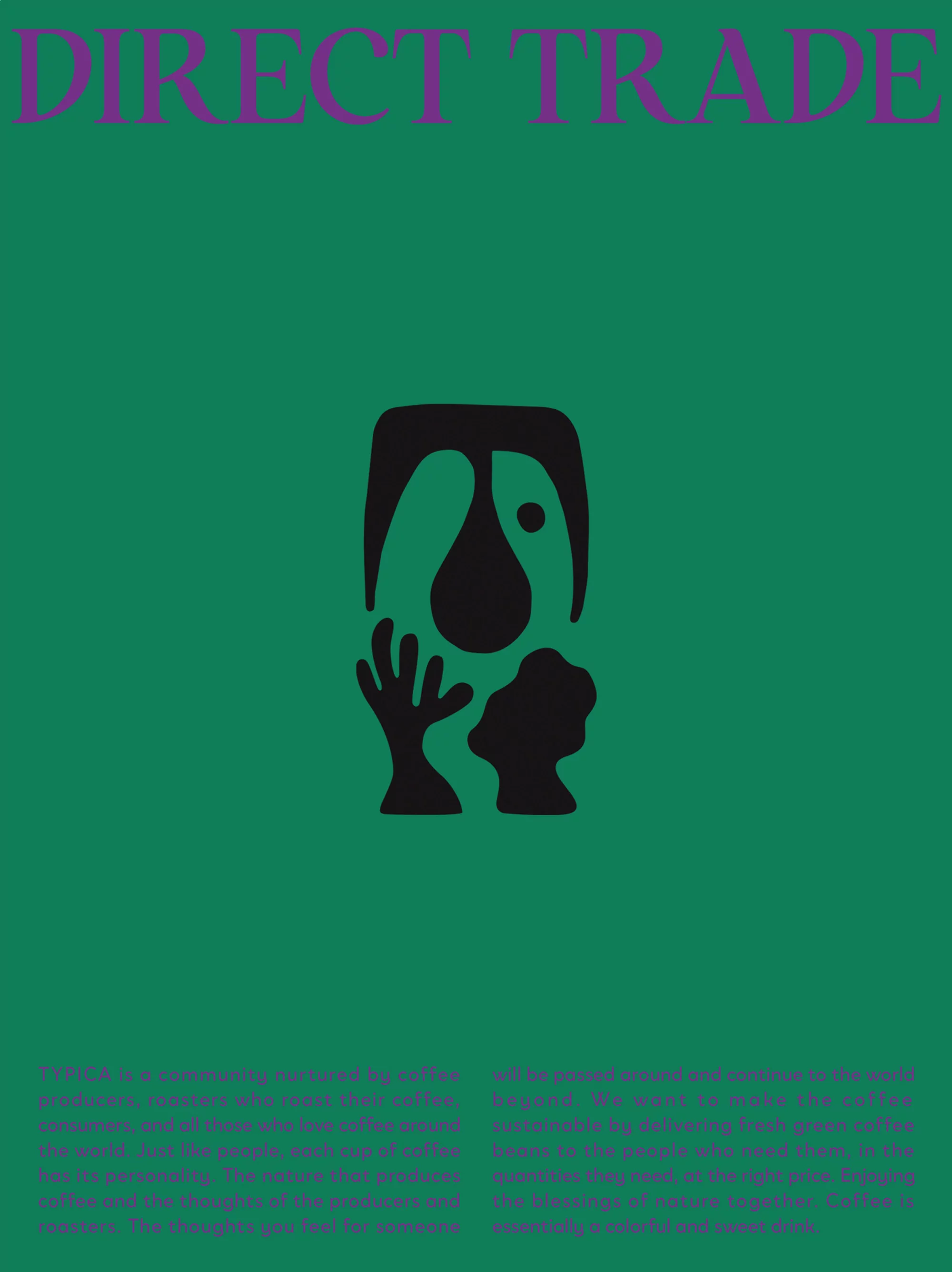 Abstract graphic art on a green background with the words 'DIRECT TRADE' in purple text at the top.