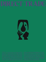 Graphic design poster featuring bold purple typography and a central black abstract emblem on a deep green background.