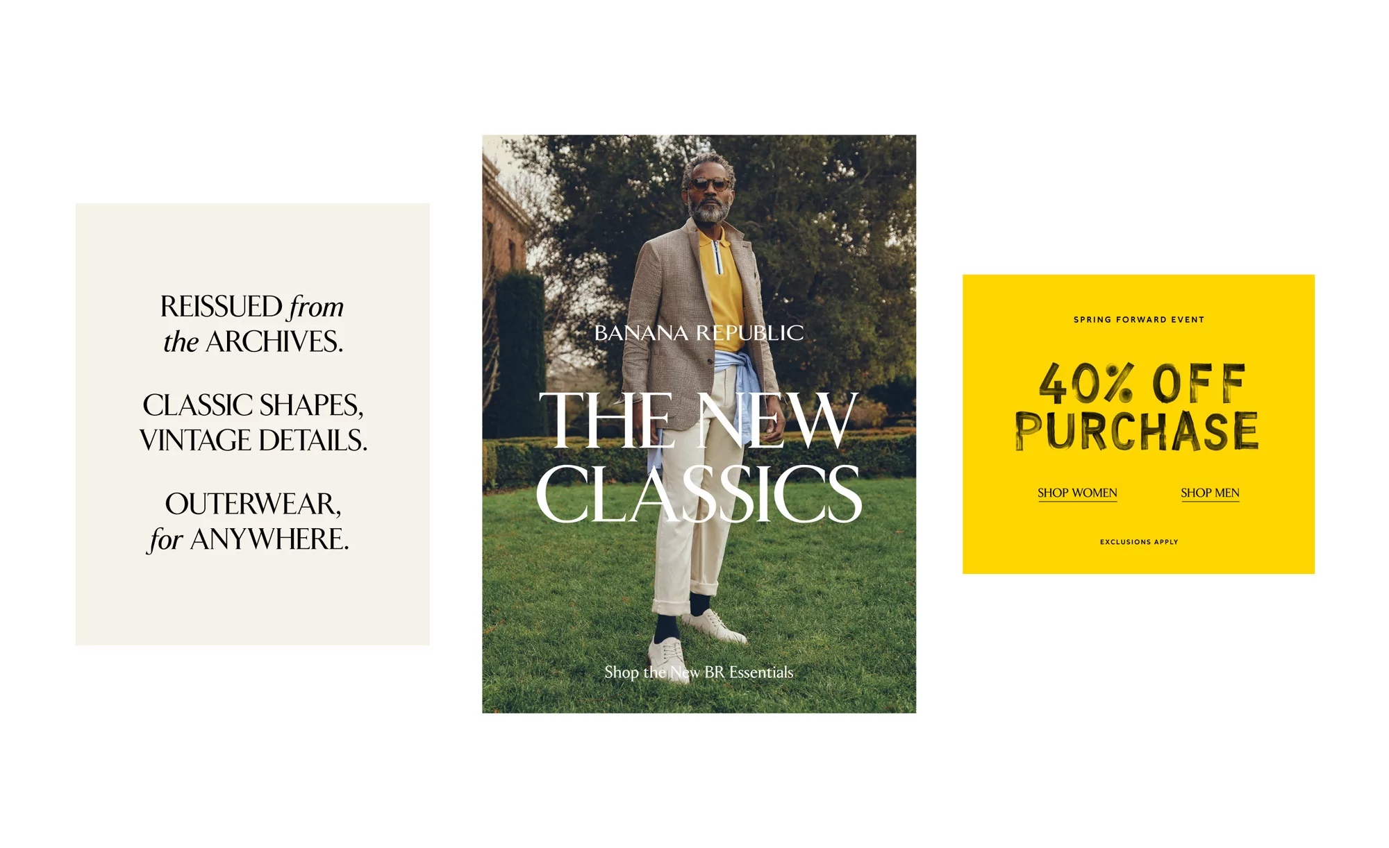 Banana Republic ad featuring a man in a blazer, yellow shirt, and white pants standing on a lawn, with a text block and sale ad.