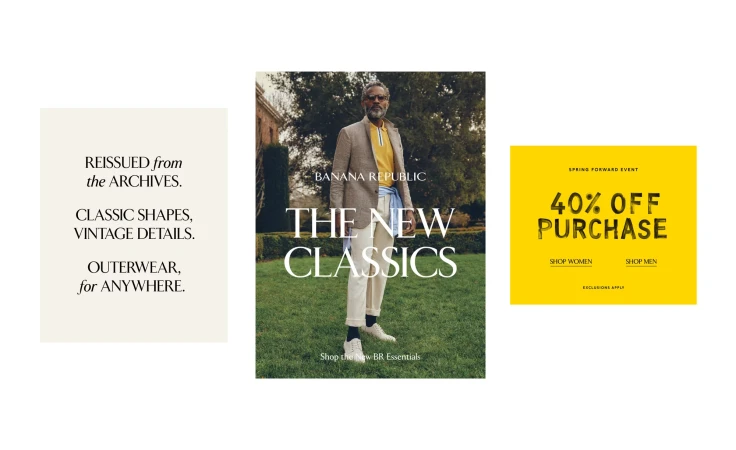 Banana Republic ad featuring a man in a blazer, yellow shirt, and white pants standing on a lawn, with a text block and sale ad.