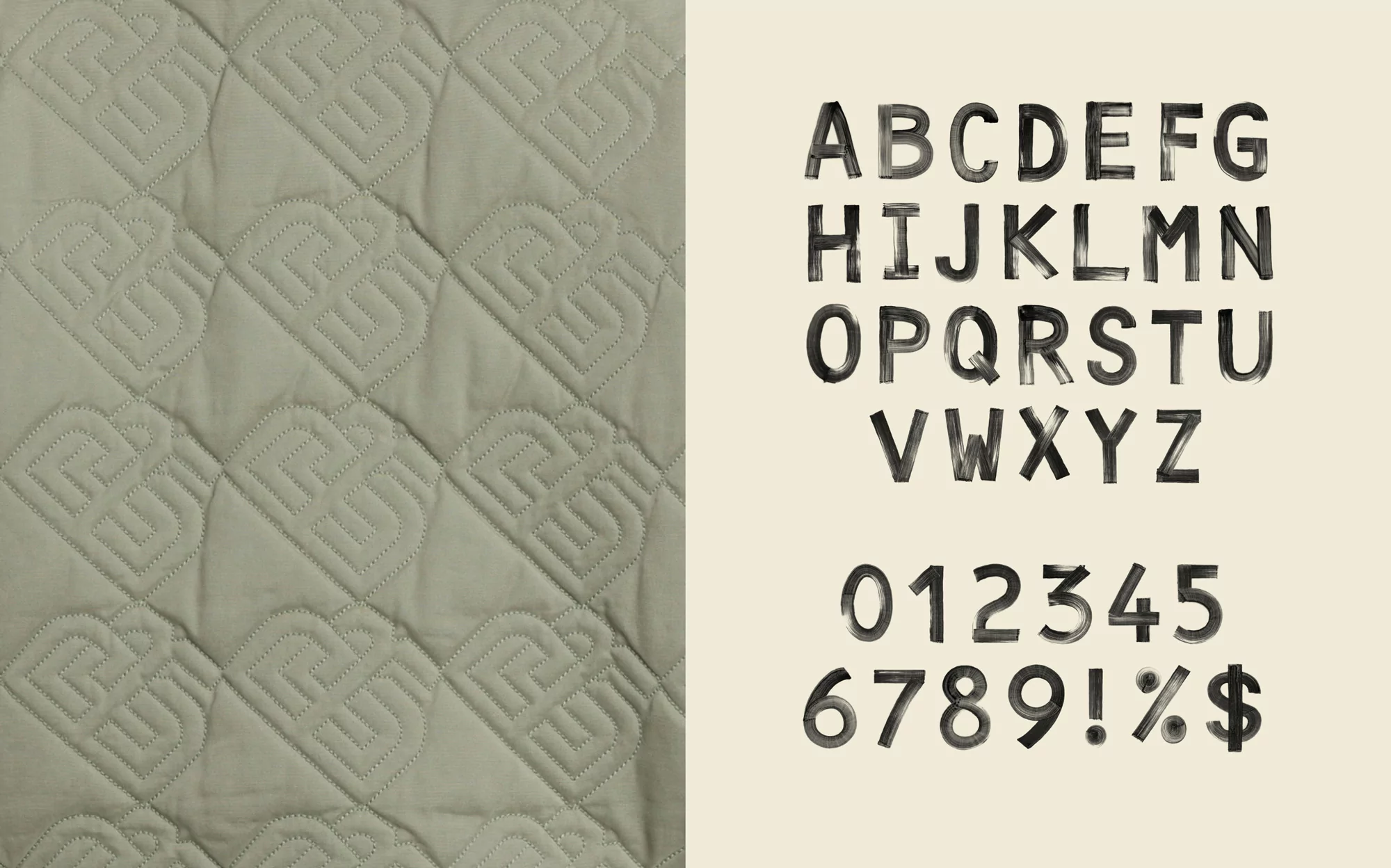 Textural image featuring a quilted fabric pattern with repeating logo designs, alongside an alphabet and number set displayed in a grunge font.