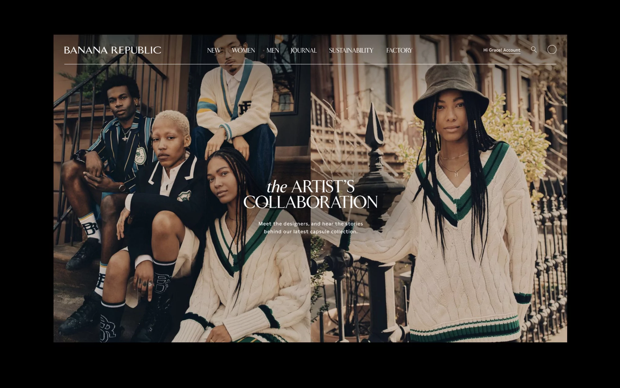 Banana Republic webpage featuring a group of young adult models wearing casual clothing in an urban environment with collegiate styling.