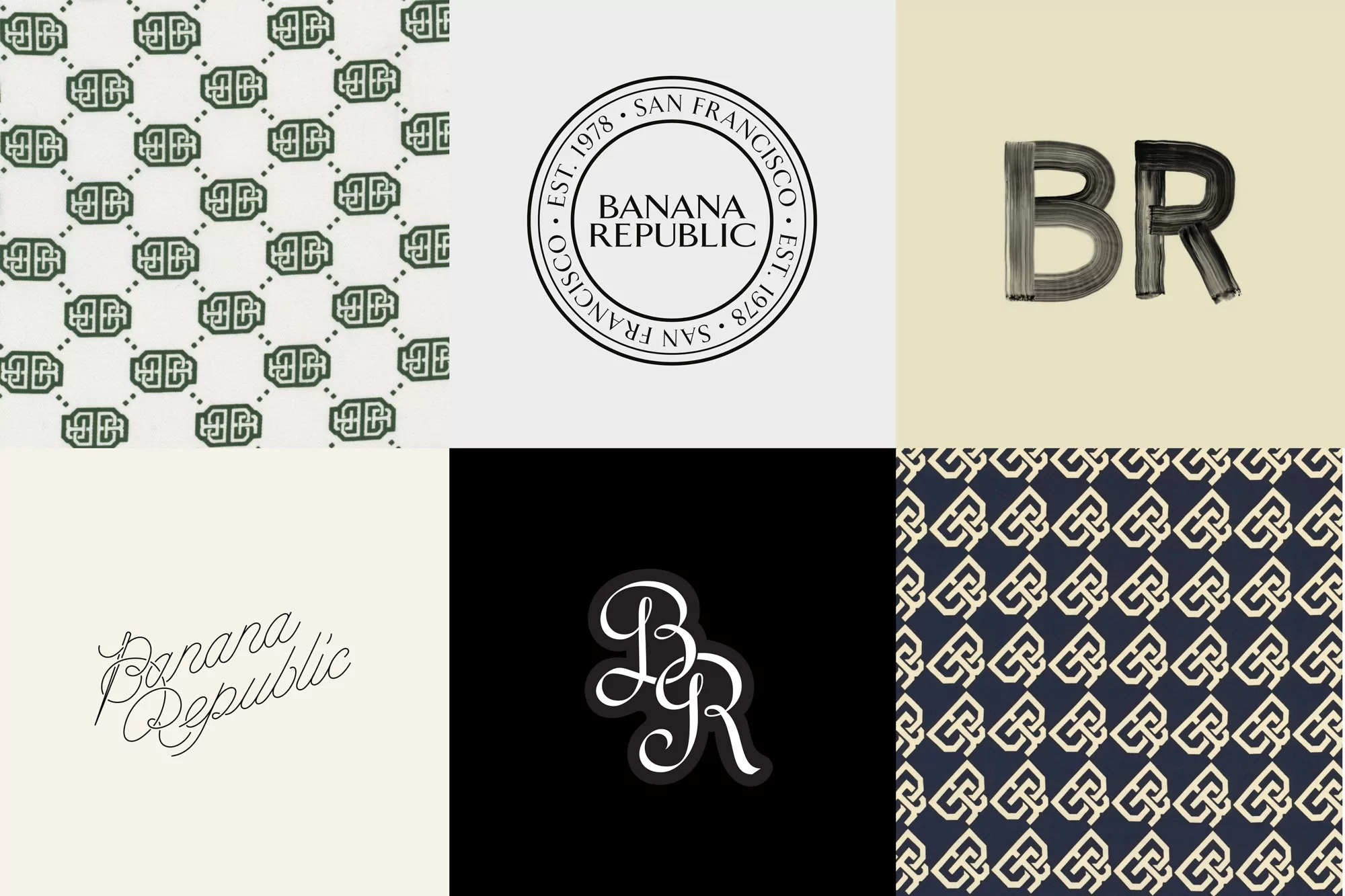 Multiple Banana Republic brand logos, including logo patterns, vintage-style script and a circular emblem. Branding and fashion design.