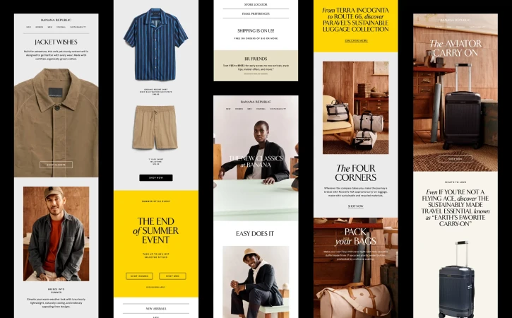 Banana Republic email ad featuring apparel, luggage, and models wearing new collections for summer and travel.