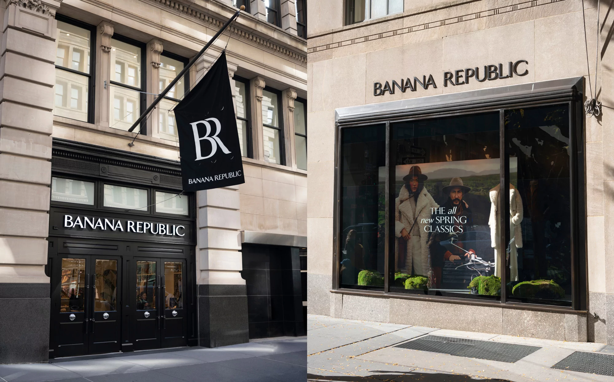 Banana Republic store exterior featuring a storefront with window display and a black flag with the BR logo during daytime.